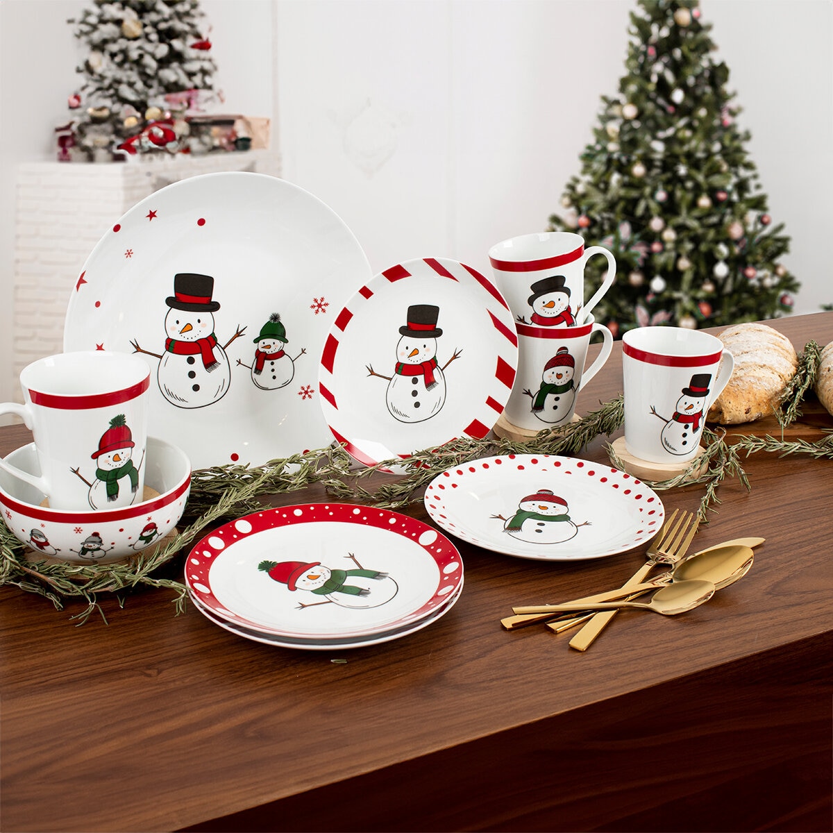 Crown Baccara Vajilla de Porcelana 16 piezas, Muñeco de Nieve