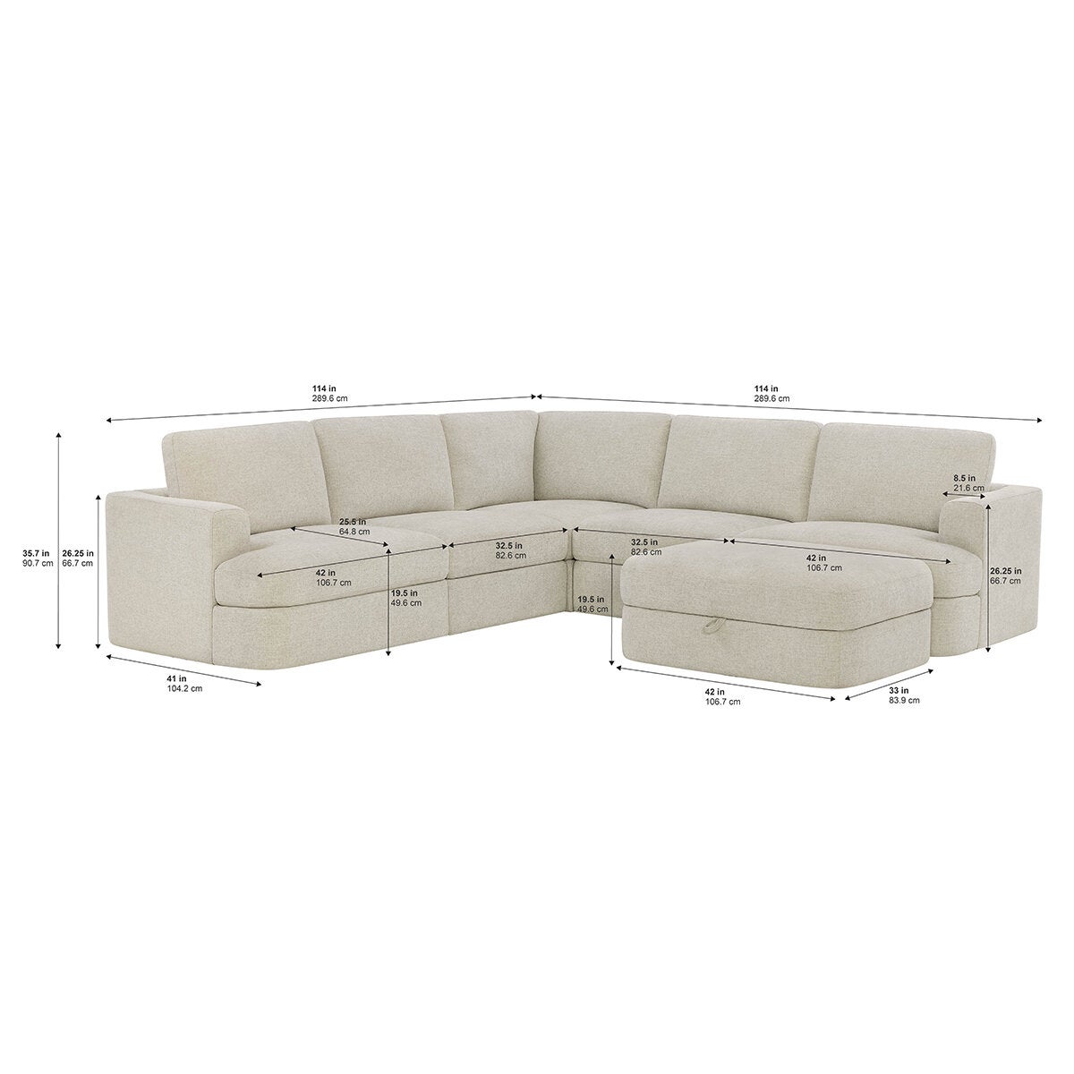 Henredon, Corvin, Seccional Modular de 6 Piezas con Otomano con Almacenamiento Henredon, Corvin, Seccional Modular de 6 Piezas con Otomano con Almacenamiento