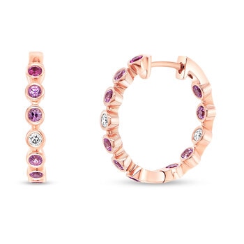 Aretes de Zafiro Rosa y Diamantes 0.08ctw, Oro Rosa de 14K