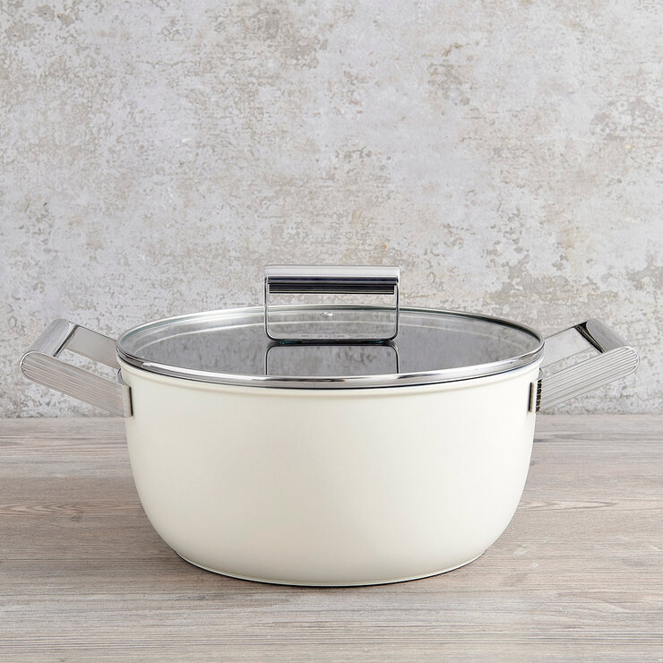 Smeg Olla de Aluminio de 24 cm con Tapa de Cristal, Varios Colores