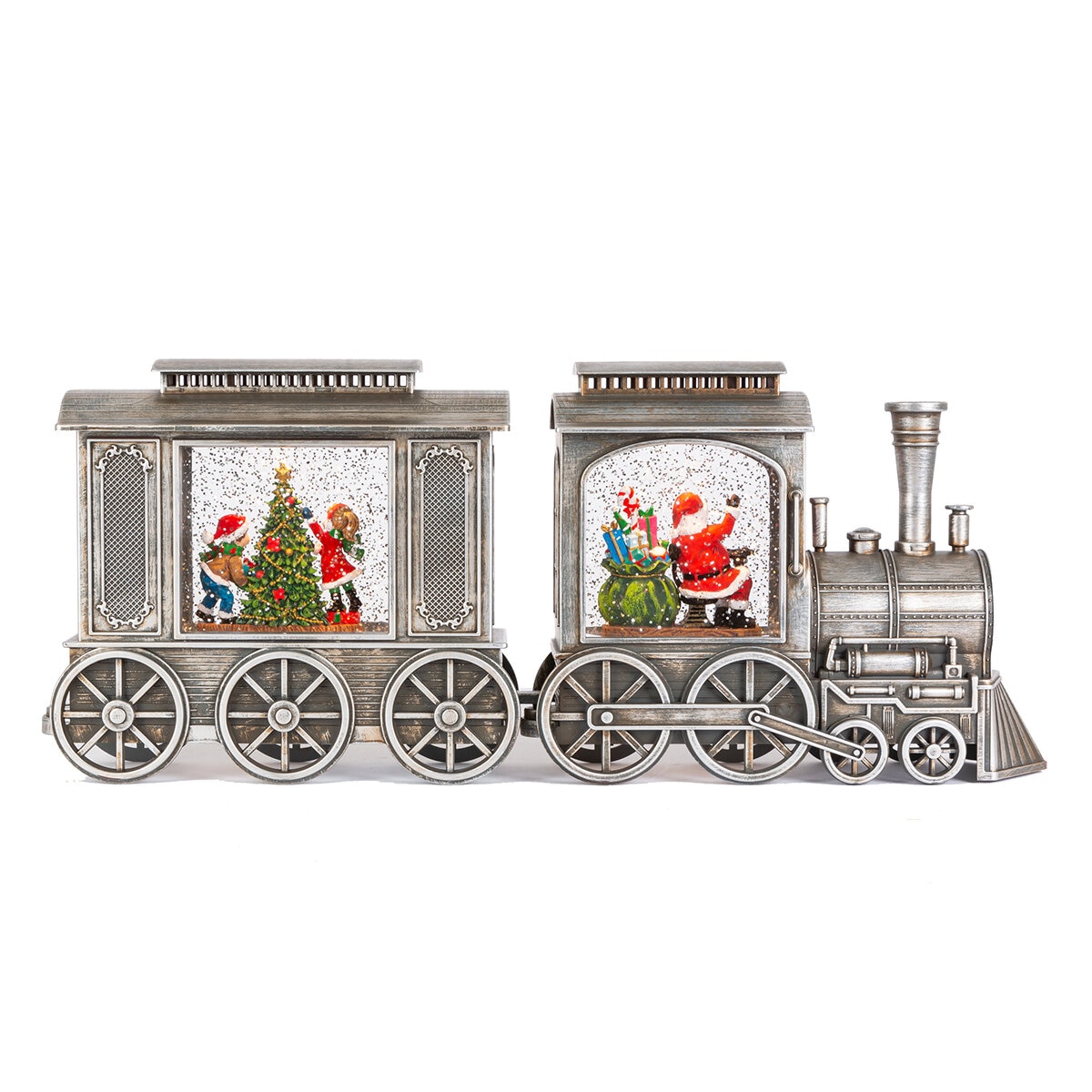 Tren Navideño con Nieve y Luces LED, Plata