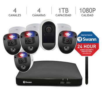 Swann Sistema de Seguridad Enforcer™ Bundle: 4 Canales, 4 Camaras 1080p + WIFI Camara de batteria + Yard Stake