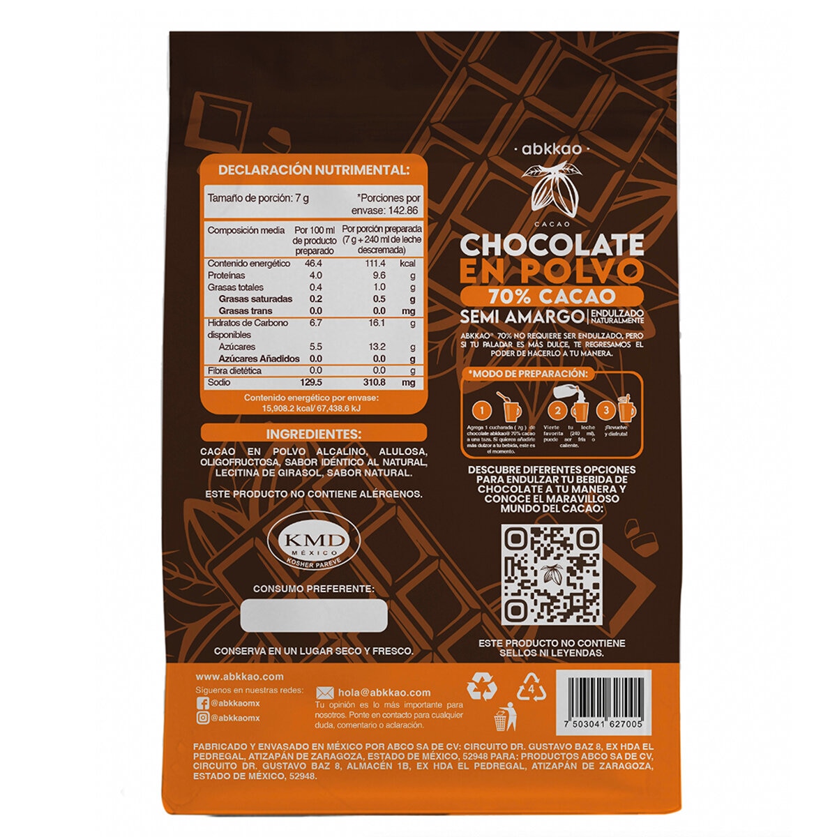 Abkkao Chocolate en Polvo 70% Cacao 1 kg