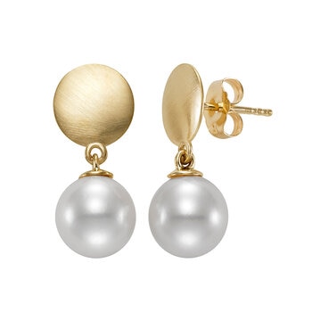 Aretes de Perlas Cultivadas, 8.5-9.0mm, de Oro Amarillo de 14K