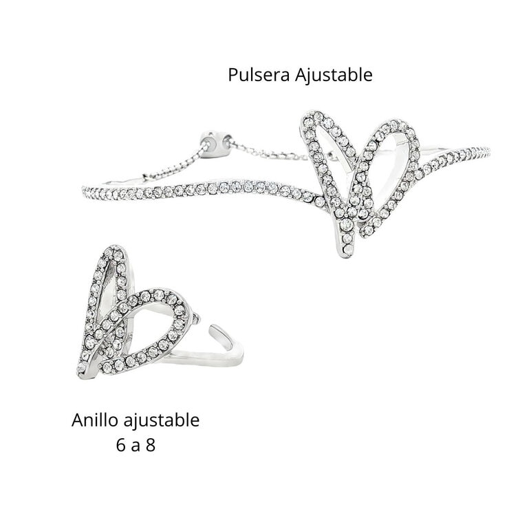 Mayfer, Juego de Corazones, Anillo, Aretes y Pulsera, con Cristal Austríaco Mayfer, Juego de Corazones, Anillo, Aretes y Pulsera, con Cristal Austríaco
