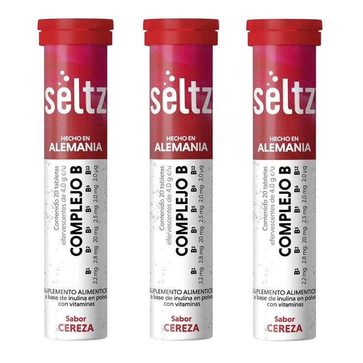 Seltz Complejo B 3 Tubos con 20 Tabletas Efervescentes c/u Sabor Cereza Seltz Complejo B 3 Tubos con 20 Tabletas Efervescentes c/u Sabor Cereza