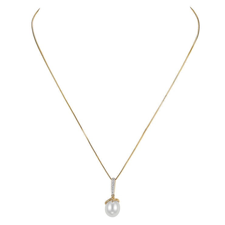 Dije de Perla Cultivada, 9-10mm, Con Diamantes .04ctw, Oro Dos Tonos de 14K