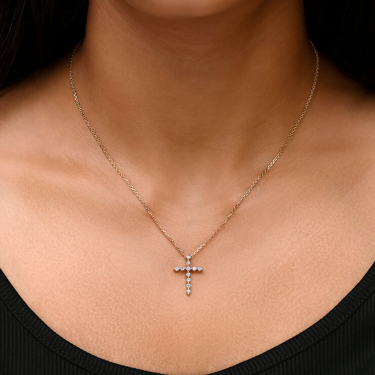 Dije de Cruz de Diamantes, Oro Amarillo 14K