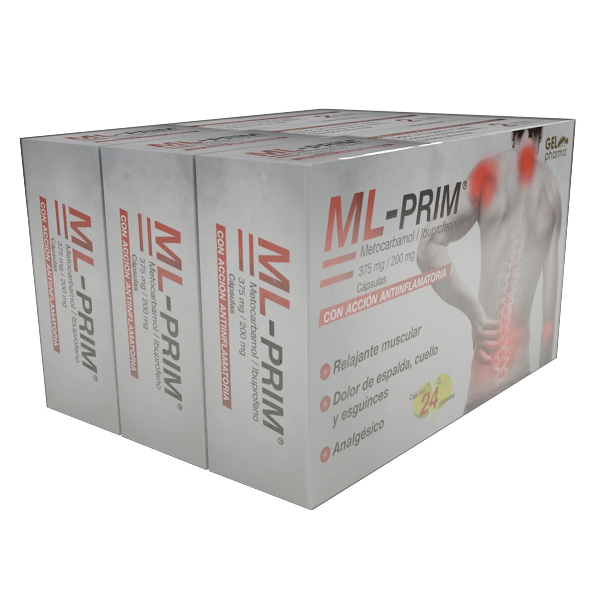 ML PRIM Metocarbamol / Ibuprofeno 4 Cajas de 24 Cápsulas c/u