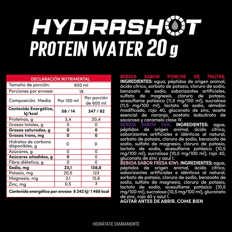 Hydrashot Bebida de Proteína + Electrolitos con 20 g de Proteína 18 / 600 ml