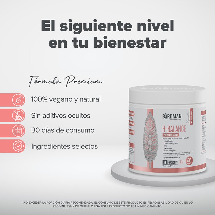 Birdman H Balance Inositol, Magnesio, L-Metilfolato en Polvo Sin Sabor 244 gr