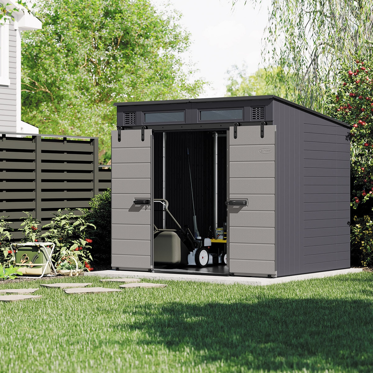 Suncast, Modernist Cobertizo de Almacenamiento de 2.4m x 2.1m con Puertas Corredizas