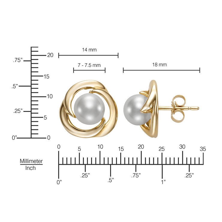 Aretes de Perlas Cultivadas, 7-7.5mm, de Oro Amarillo de 14K