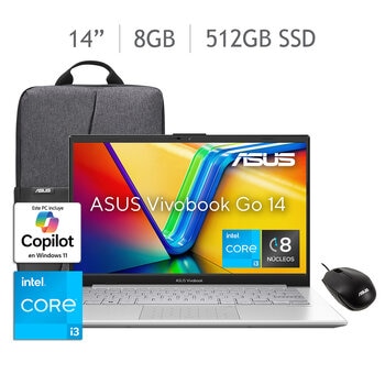 ASUS Vivobook Go 14 Laptop 14" Full HD Intel Core i3 8GB 512GB SSD + Mochila + Mouse