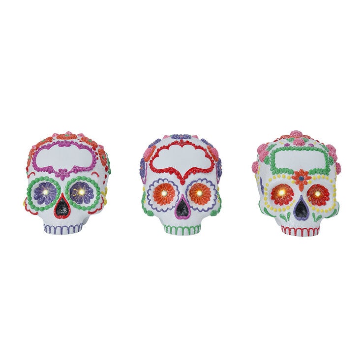 Figuras de Calaveritas de Azúcar con Luces LED, Juego de 3 Pzas. Figuras de Calaveritas de Azúcar con Luces LED, Juego de 3 Pzas.