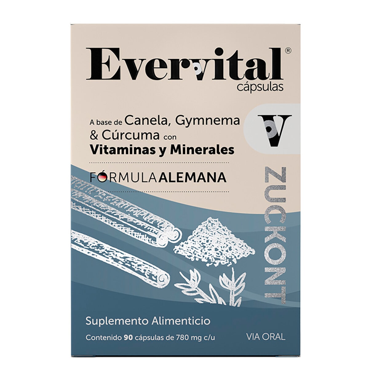 Evervital Zuckont a Base de Canela Gymnema Vitaminas y Minerales 90 Cápsulas