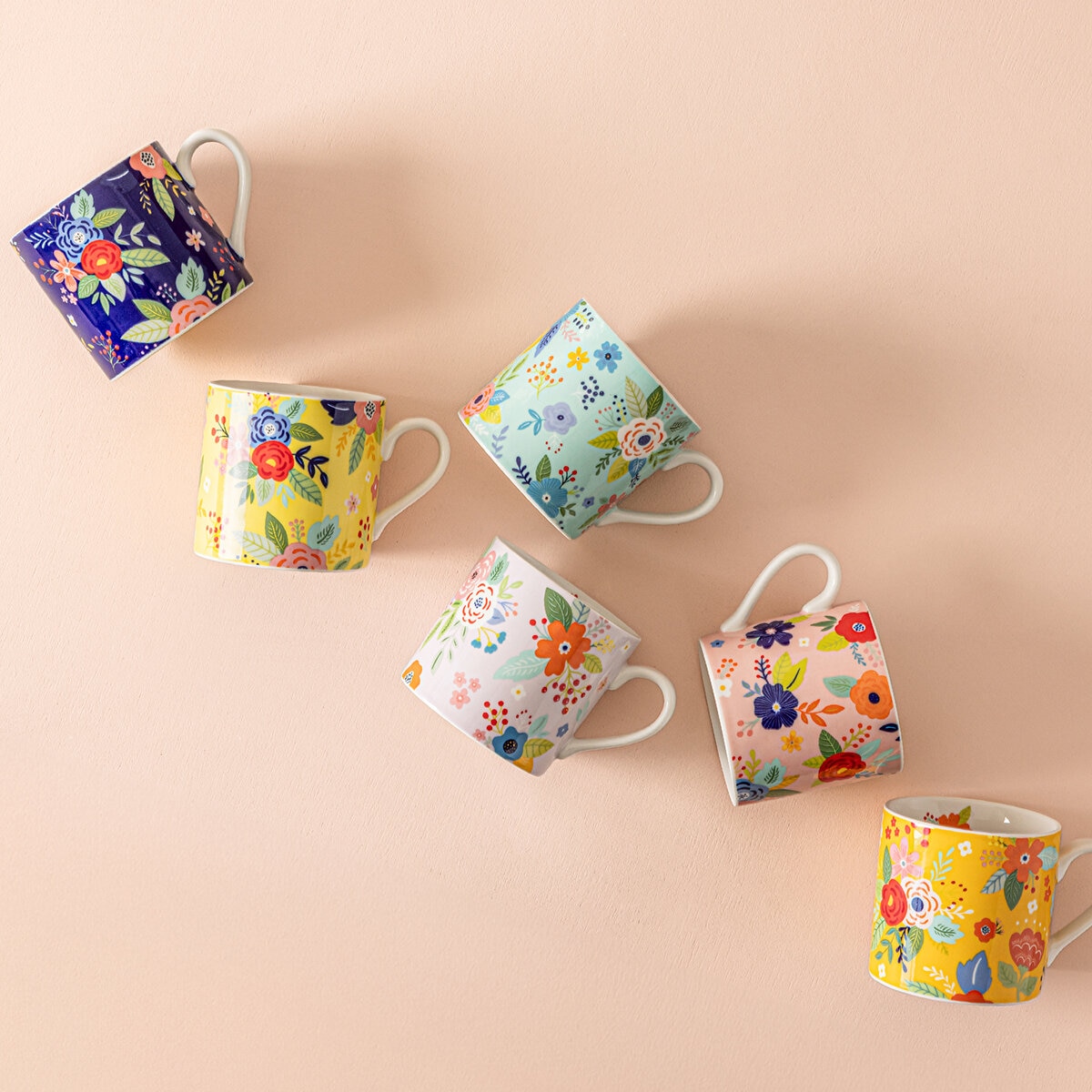 Over&Back Juego de 6 Tazas de Cerámica Florales de 414 mL