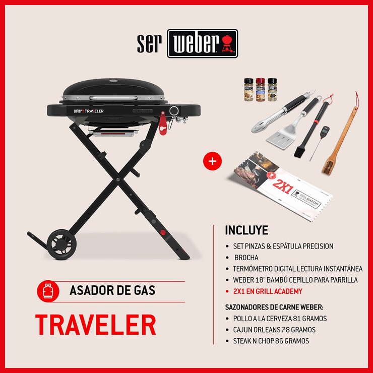 Weber, Traveler Compact Asador de Gas + Accesorios + Grill Academy Weber, Traveler Compact Asador de Gas + Accesorios + Grill Academy