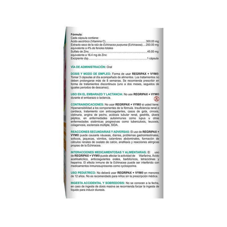 Regripax + VYM Ácido Ascórbico 300mg, Echinacea Purpurea 250mg , Zinc 16.40mg 2 de 30 cápsulas