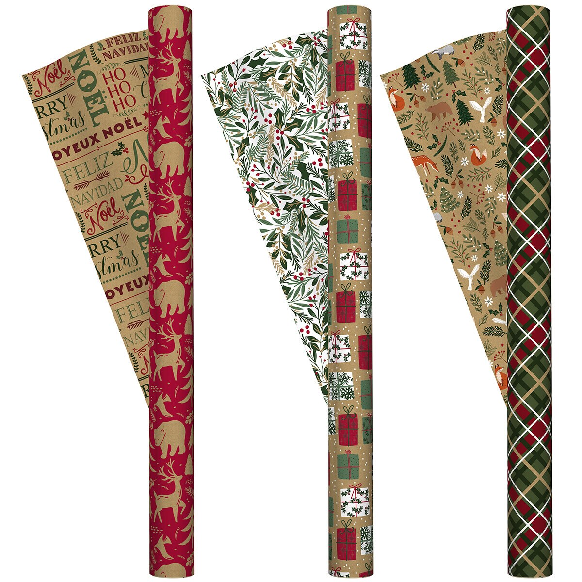 Kirkland Signature Paquete de 3 Rollos de Papel para Envolver con Diseños Navideños, Kraft