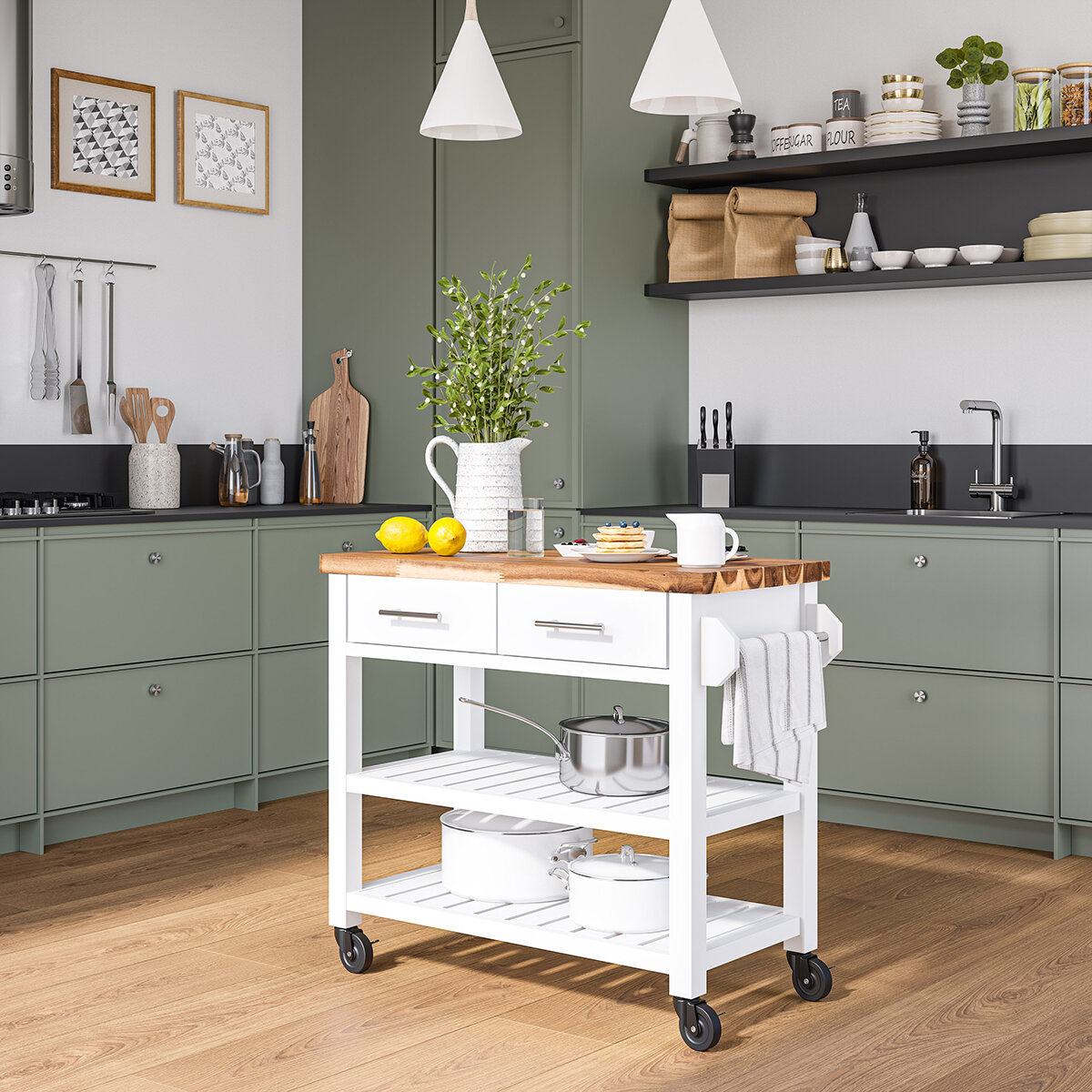Seville Classics Home Carrito de Cocina con Superficie de Acacia con Cajones