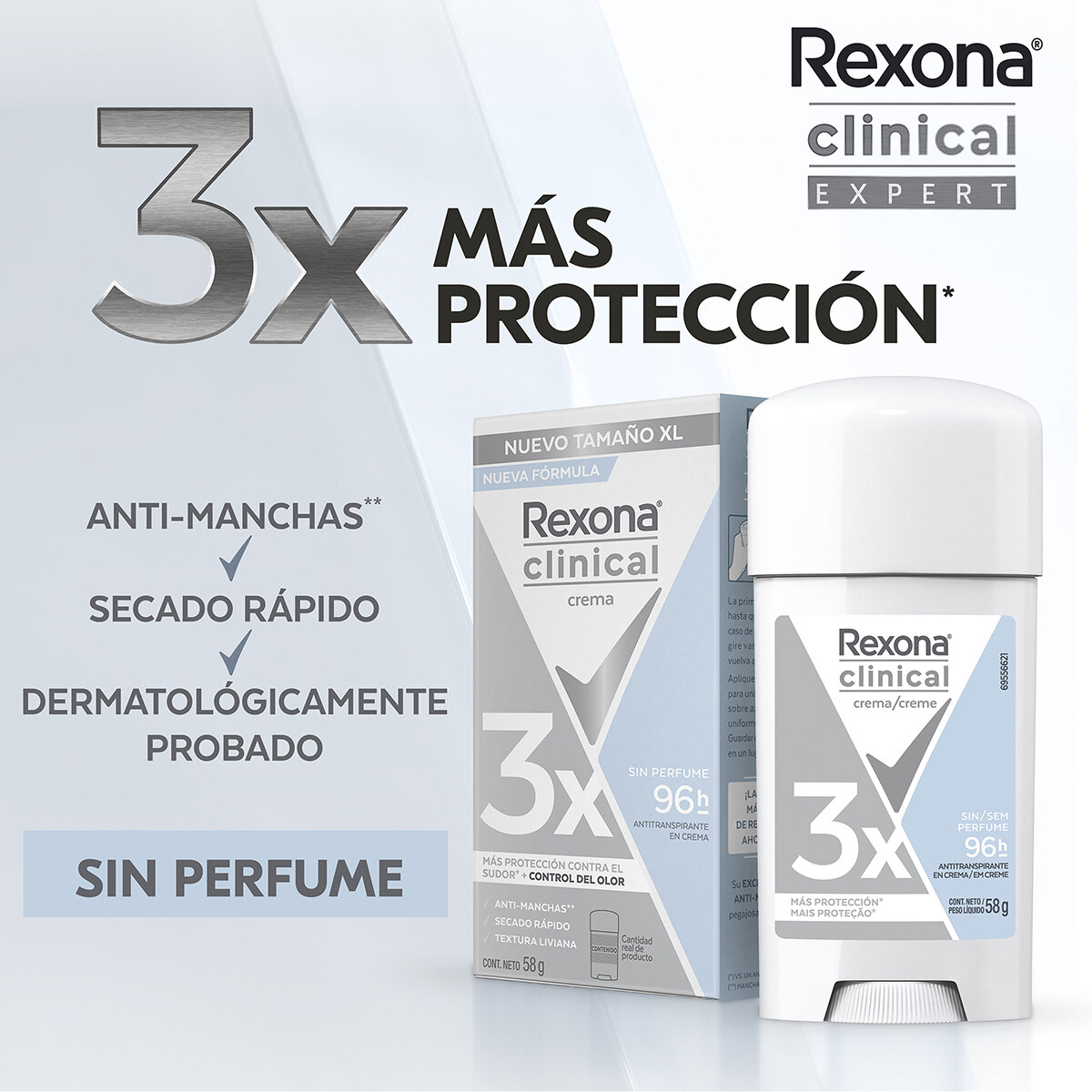 Rexona Clinical Antitranspirante en Crema Unisex Sin Aroma 4 pzas de 58 gr