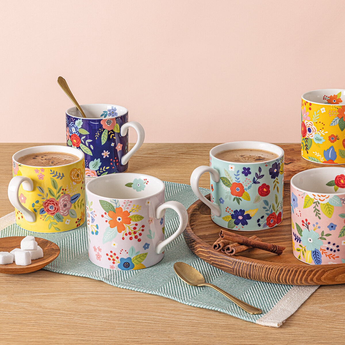 Over&Back Juego de 6 Tazas de Cerámica Florales de 414 mL