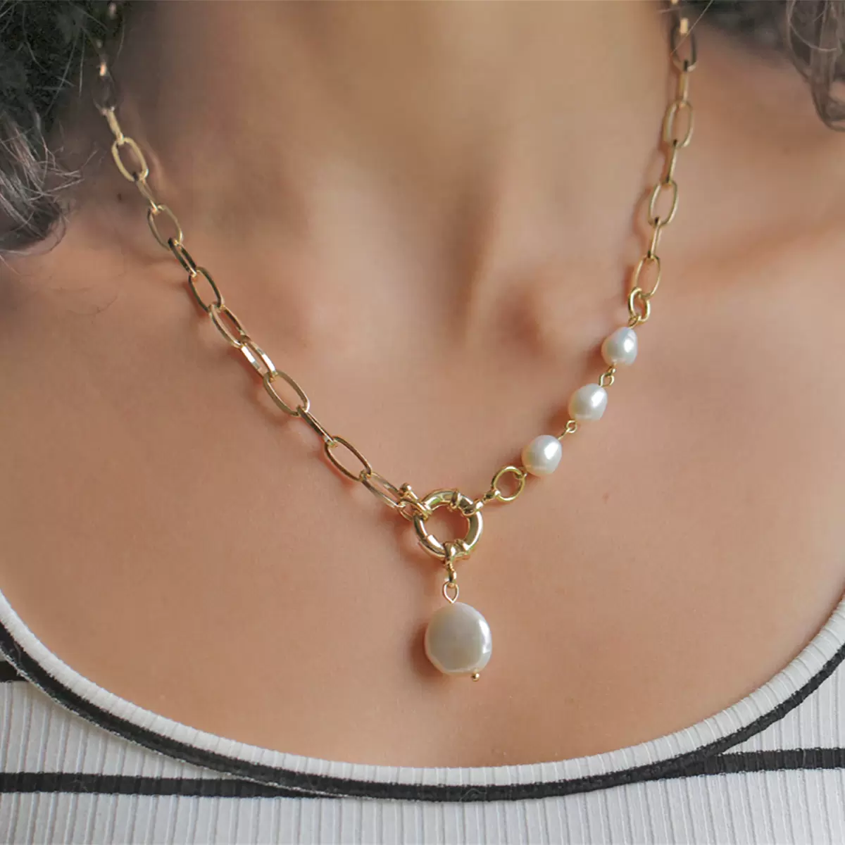 Ablime, Collar Cadena de Eslabones, en Chapa de Oro, Con Perla de Río