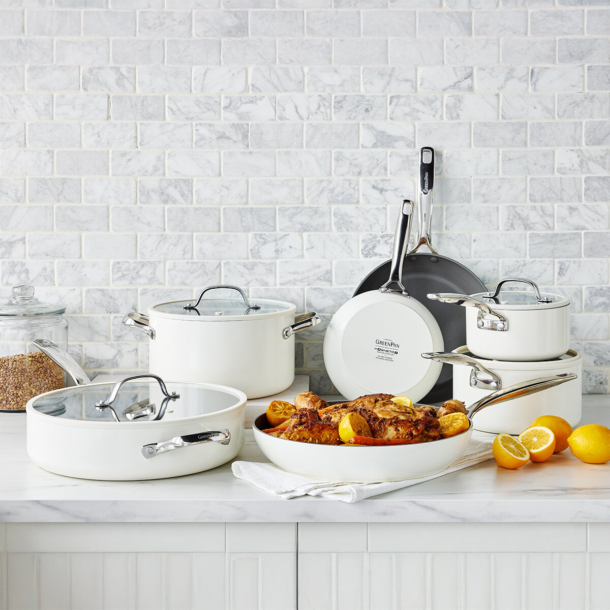Greenpan Bateria de Cocina de Aluminio Anodizado Resistente y Antiadherente de Ceramica 11 piezas Blanco
