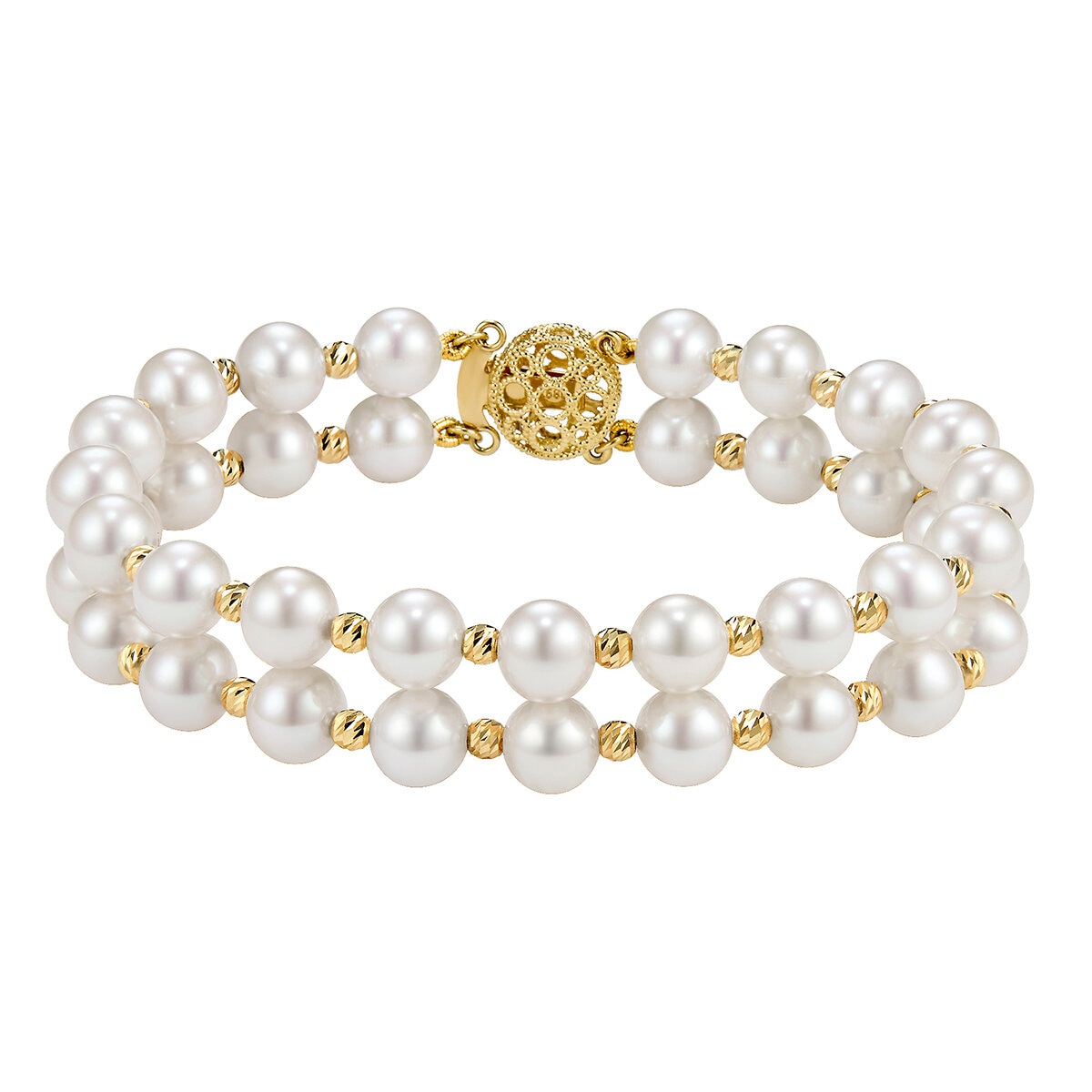 Pulsera de Perlas Cultivadas 7-8mm con Dos Filas, Oro Amarillo de 14K