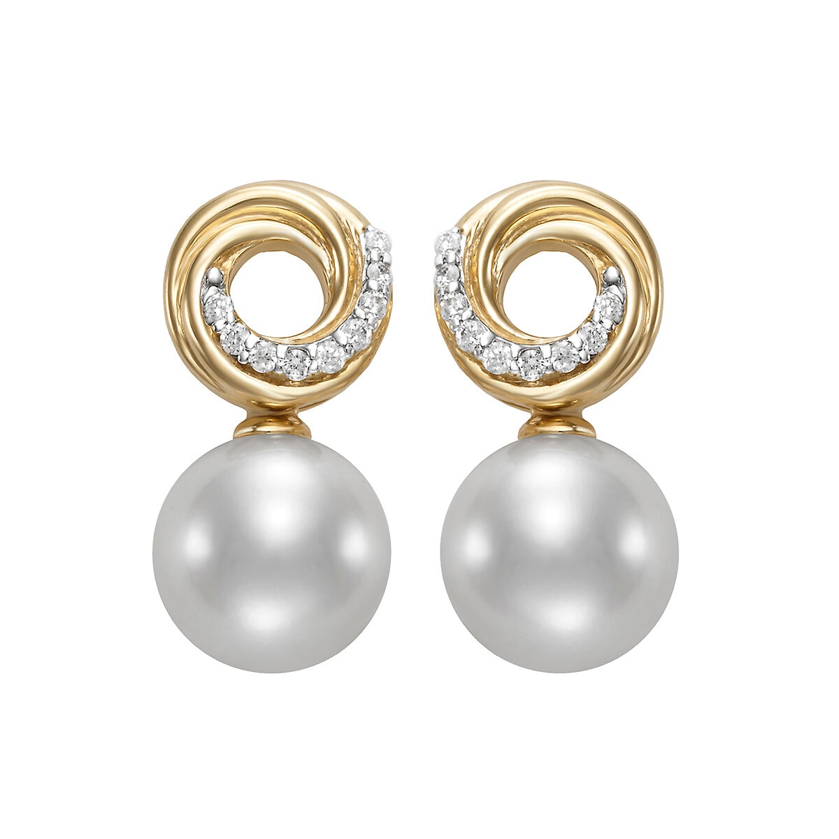 Aretes de Perlas Cultivadas, 7.5-8.0mm, con Diamantes .07ctw, Oro Amarillo de 14K