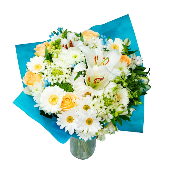 Bouquet mixto de 36 tallos en tonos blanco y azul Bouquet mixto de 36 tallos en tonos blanco y azul