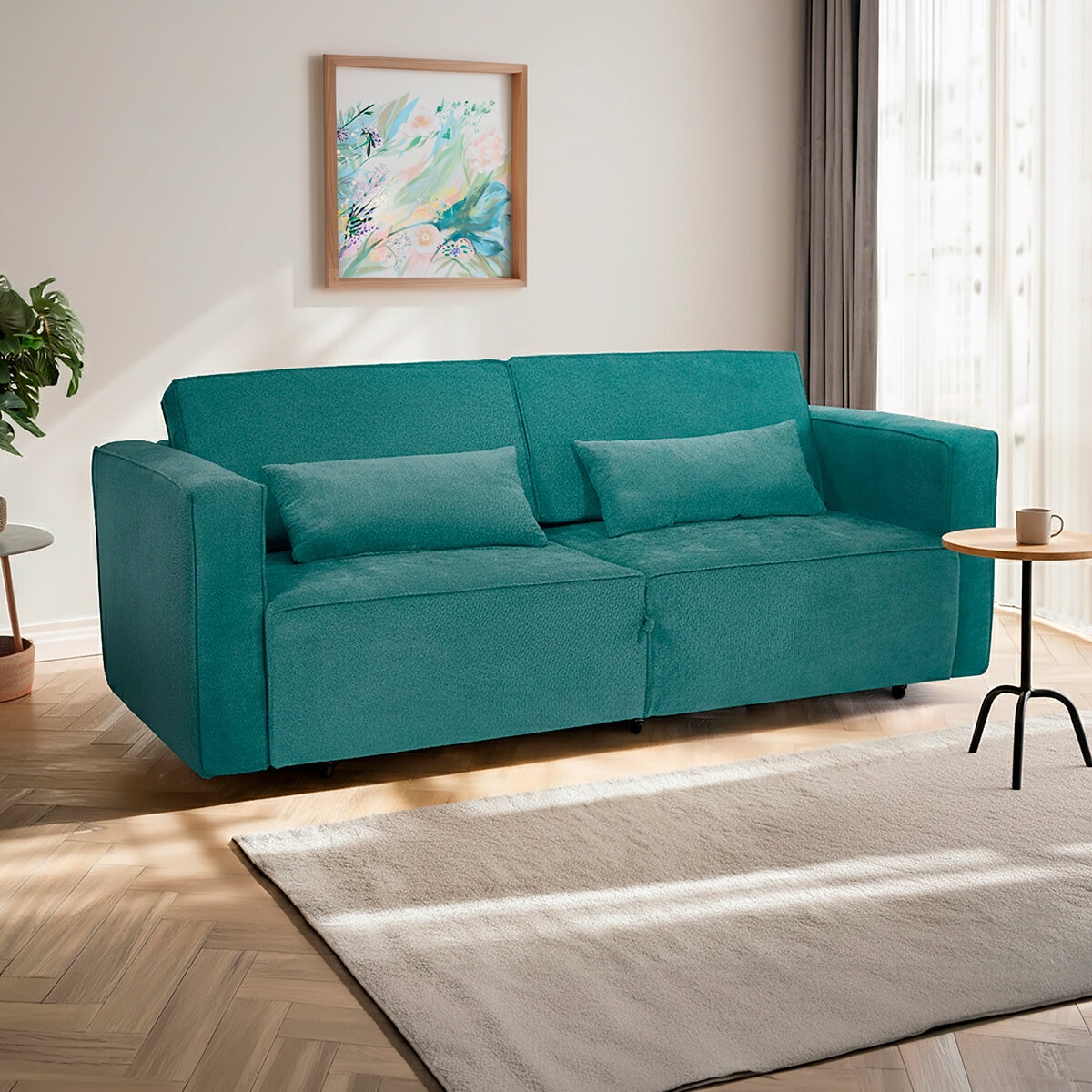 Violanti, Sofá Cama De 3 Plazas Con Brazos, Color Turquesa