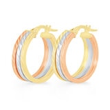 Aretes de Triple Fila, Oro Tricolor de 14K