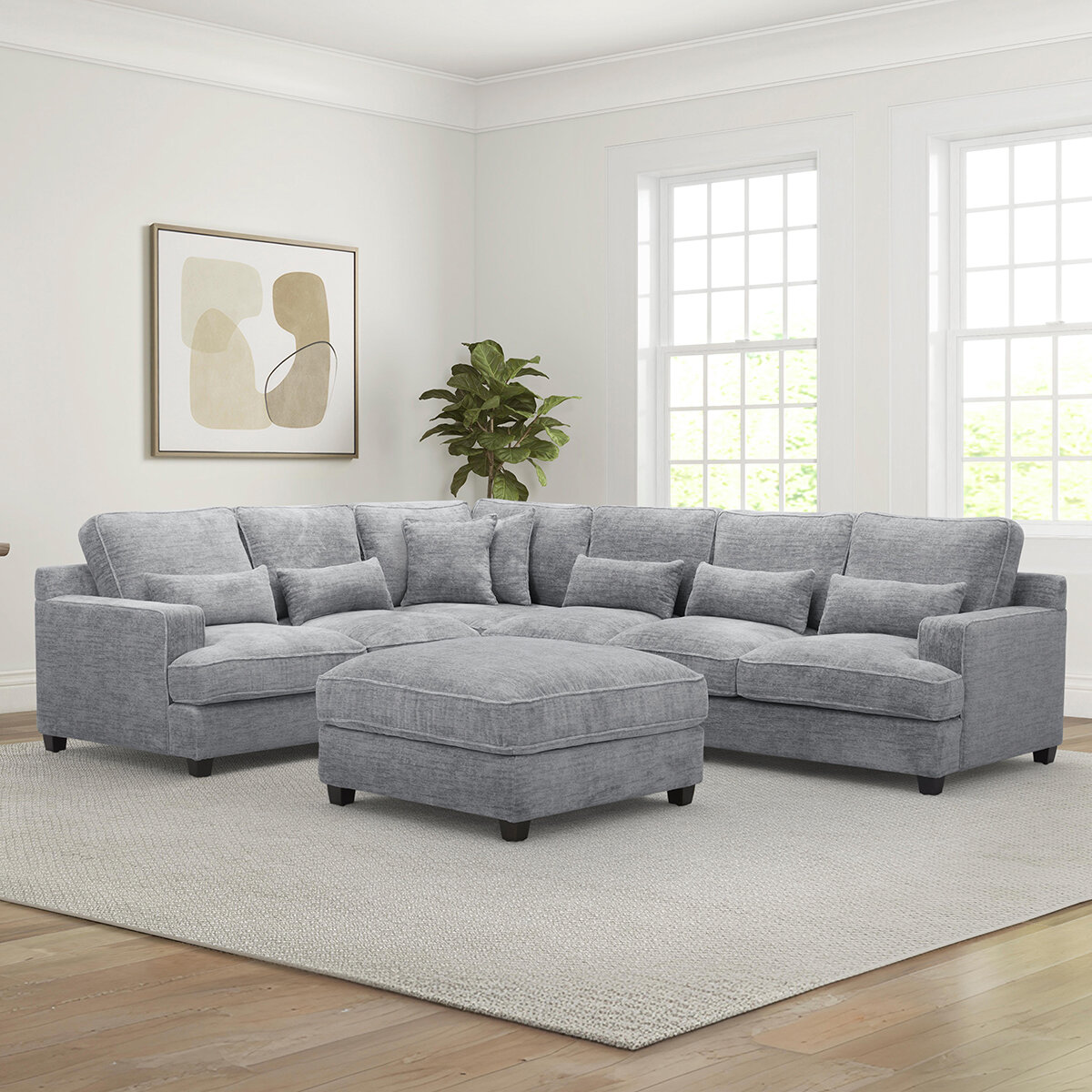 Aiden & Ivy, Seccional Fijo de Tela de 4 Piezas y Otomano