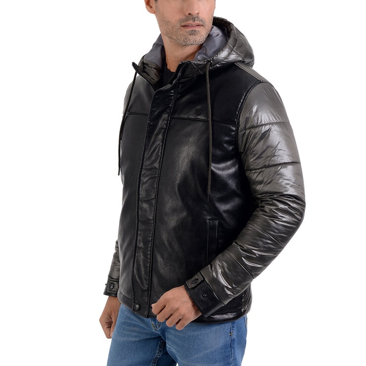 Perry Ellis, Chamarra de Piel Sintética para Caballero Color Negro/Gris Perry Ellis, Chamarra de Piel Sintética para Caballero Color Negro/Gris