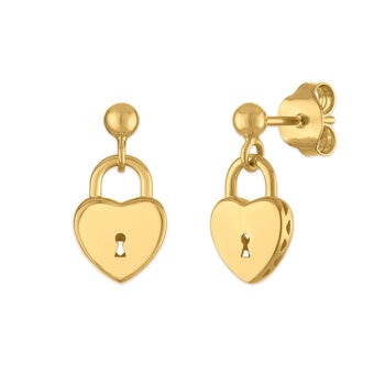Aretes de Candado de Corazon, Oro Amarillo 14K