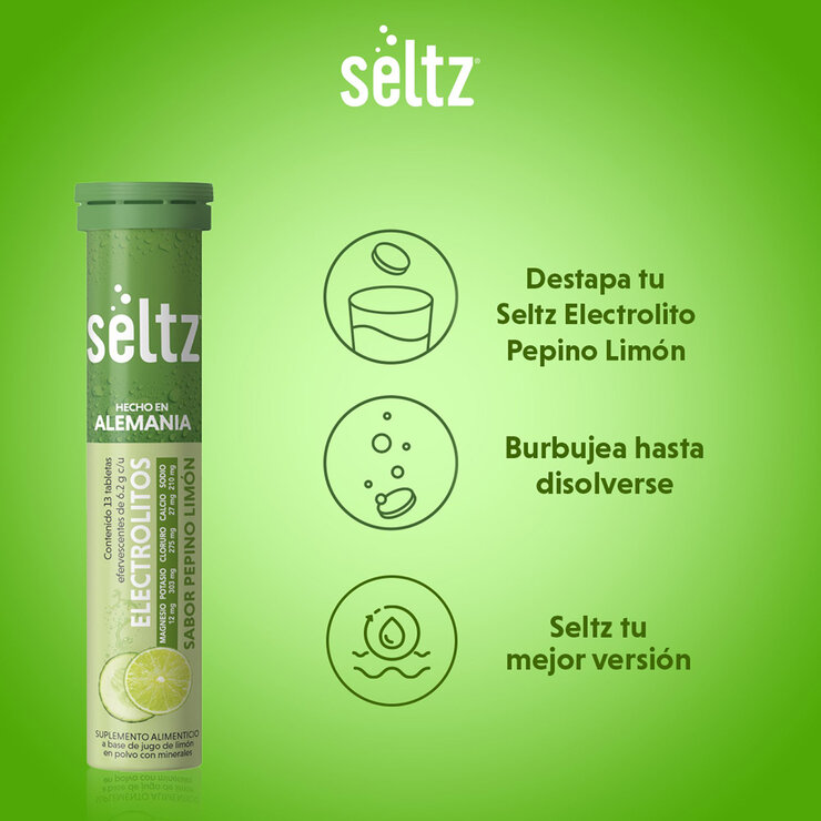 Seltz Electrolitos 3 Tubos de 13 Tabletas Efervescentes c/u Sabor Pepino-Limón Seltz Electrolitos 3 Tubos de 13 Tabletas Efervescentes c/u Sabor Pepino-Limón