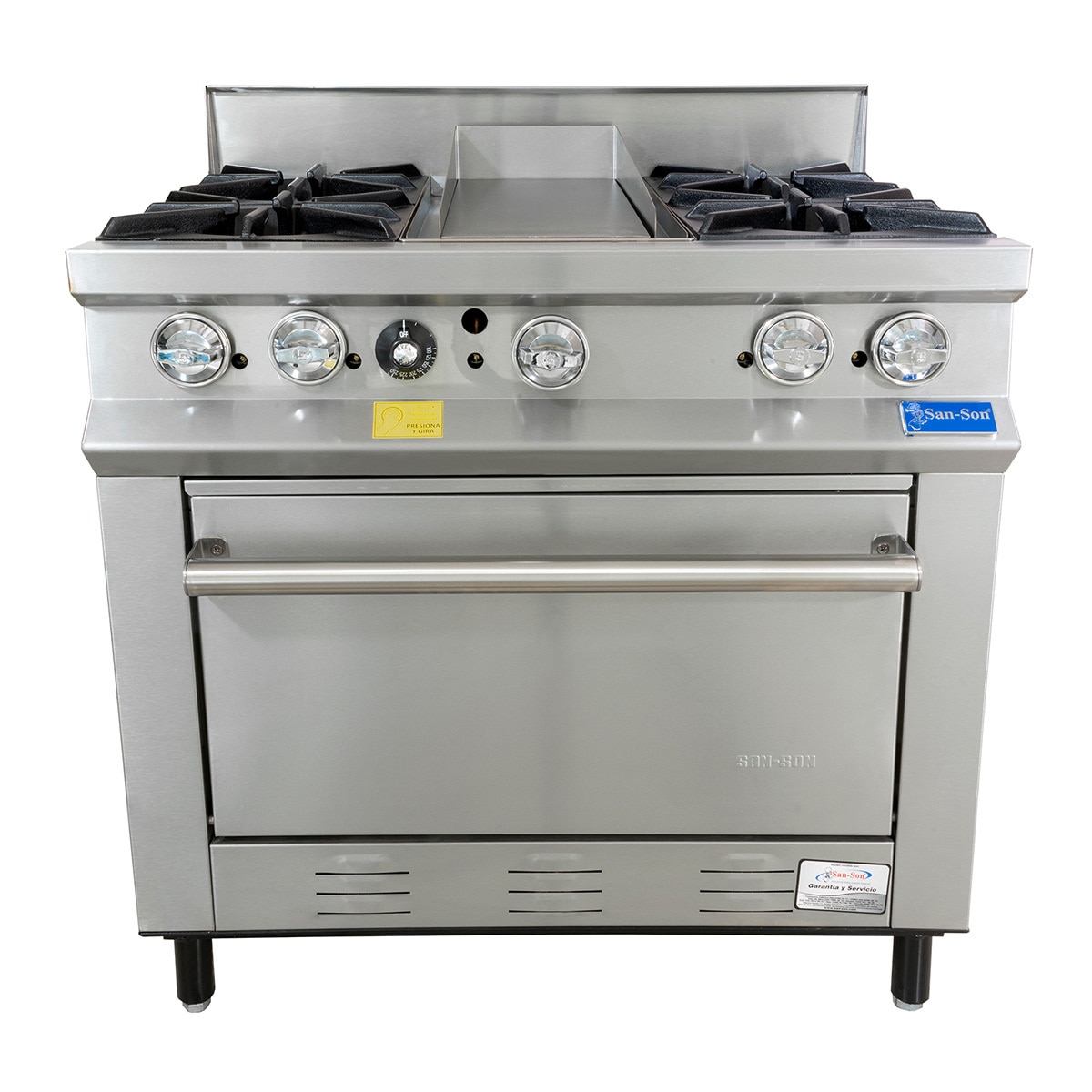 Estufa profesional San-Son de 4 quemadores, plancha y horno