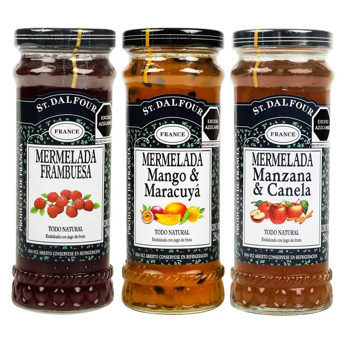 Mermelada St Dalfour Paquete Surtido Sabor Frambuesa, Mango Maracuyá y Manzana Canela 3 pzas de 284 g