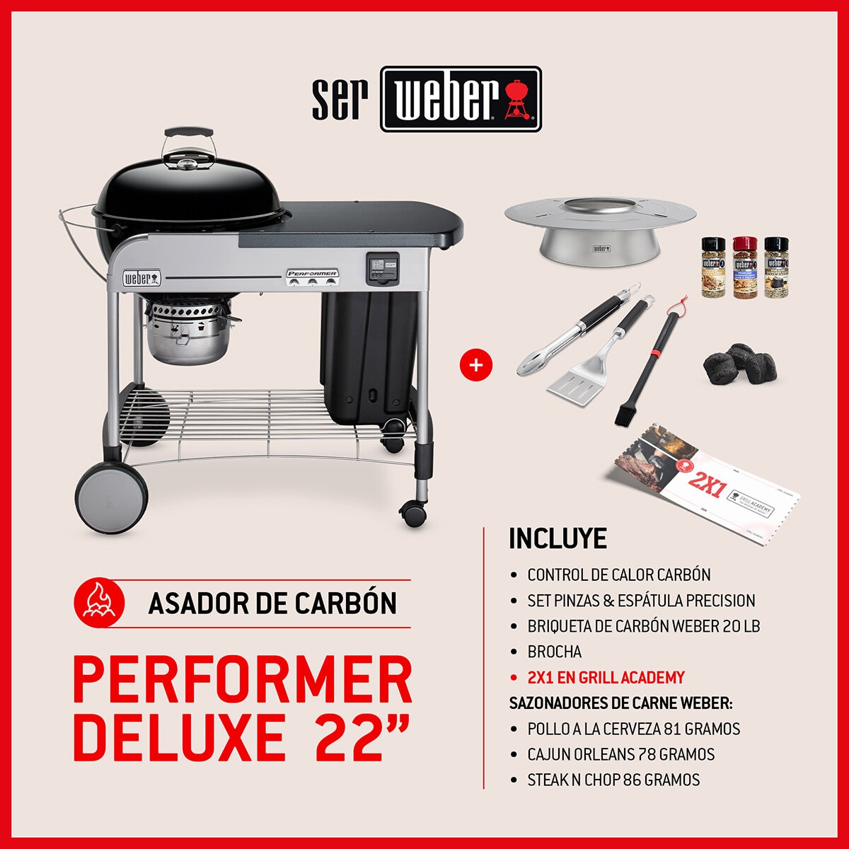 Weber, Performer Deluxe 22" Asador de Carbón + Accesorios + Grill Academy