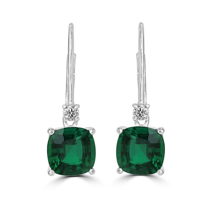 Aretes de Esmeralda Creada con Diamantes 0.10ctw, Oro Blanco de 14K Aretes de Esmeralda Creada con Diamantes 0.10ctw, Oro Blanco de 14K
