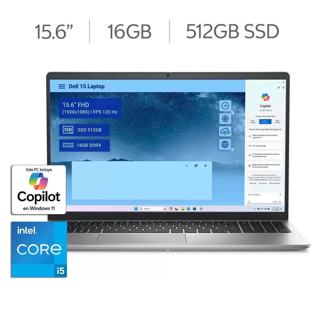 DELL 15 Laptop 15.6" Full HD 16GB 512GB SSD