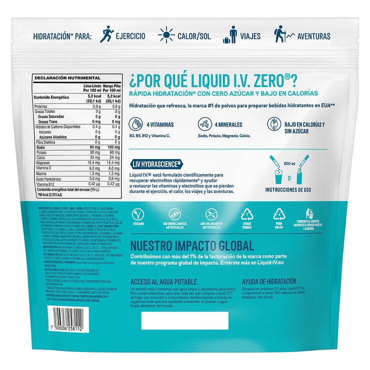 Liquid I.V. Electrolitos en Polvo Sabor Mango-Piña y Lima-Limón 30 pzas de 10 g Liquid I.V. Electrolitos en Polvo Sabor Mango-Piña y Lima-Limón 30 pzas de 10 g