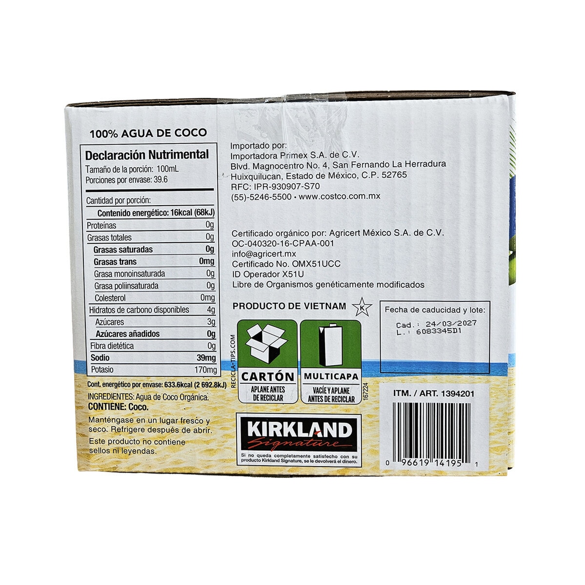 Kirkland Signature Agua de Coco Orgánica 12/330 ml Kirkland Signature Agua de Coco Orgánica 12/330 ml