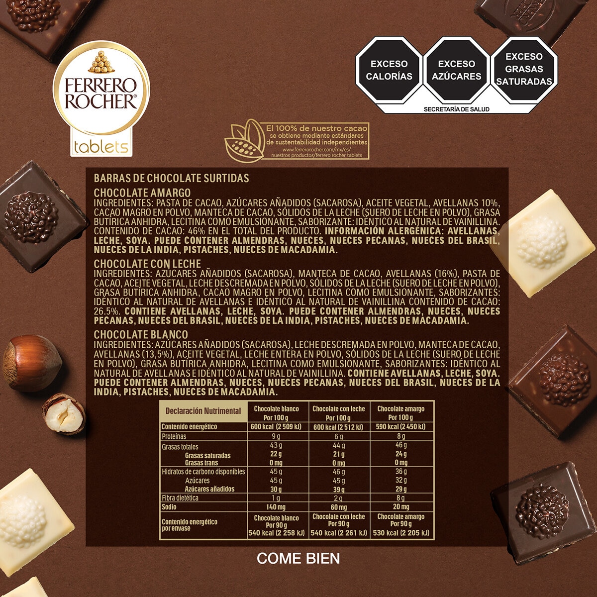 Ferrero Rocher Tabletas De Chocolate 3 pzas de 90g