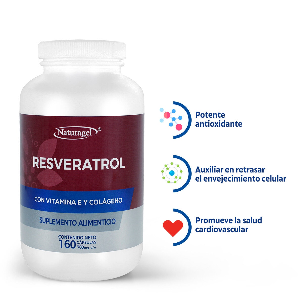 Naturagel Resveratrol con Vitamina E y Colágeno 160 Cápsulas