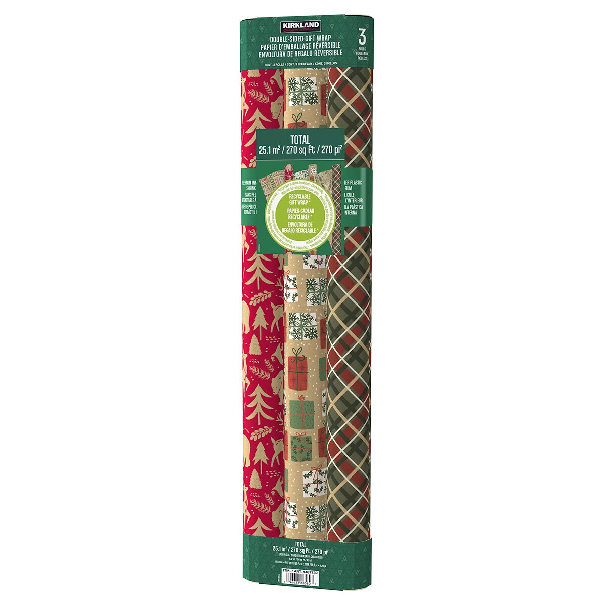 Kirkland Signature Paquete de 3 Rollos de Papel para Envolver con Diseños Navideños, Kraft