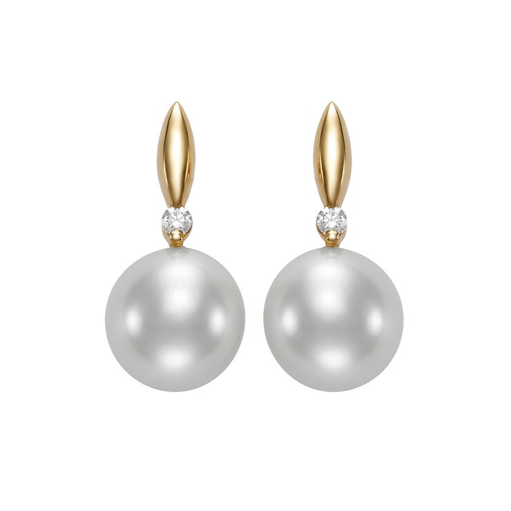 Aretes de Perlas Cultivadas, 7-7.5mm, con Diamantes .034ctw, Oro Amarillo de 14K