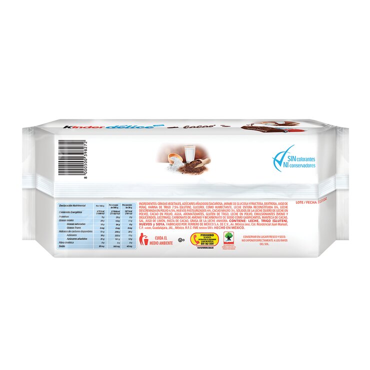 Kinder Délice Pastelito con Cobertura a Base de Cacao 15 pzas de 39g